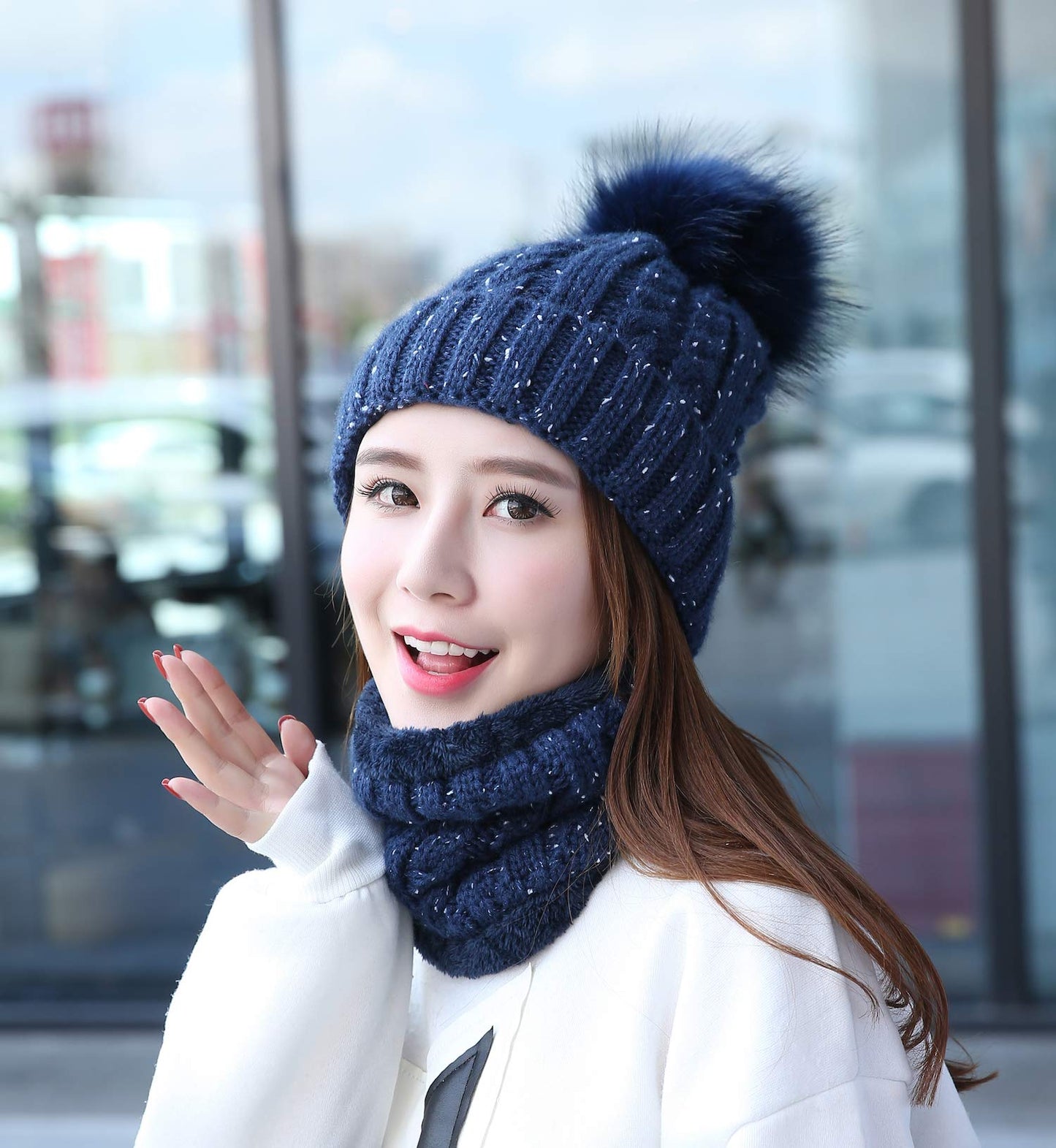 Home Prefer Womens Winter Beanie Hat Scarf Set Warm Fuzzy Knit Hat Neck Scarves (B-Navy Blue)