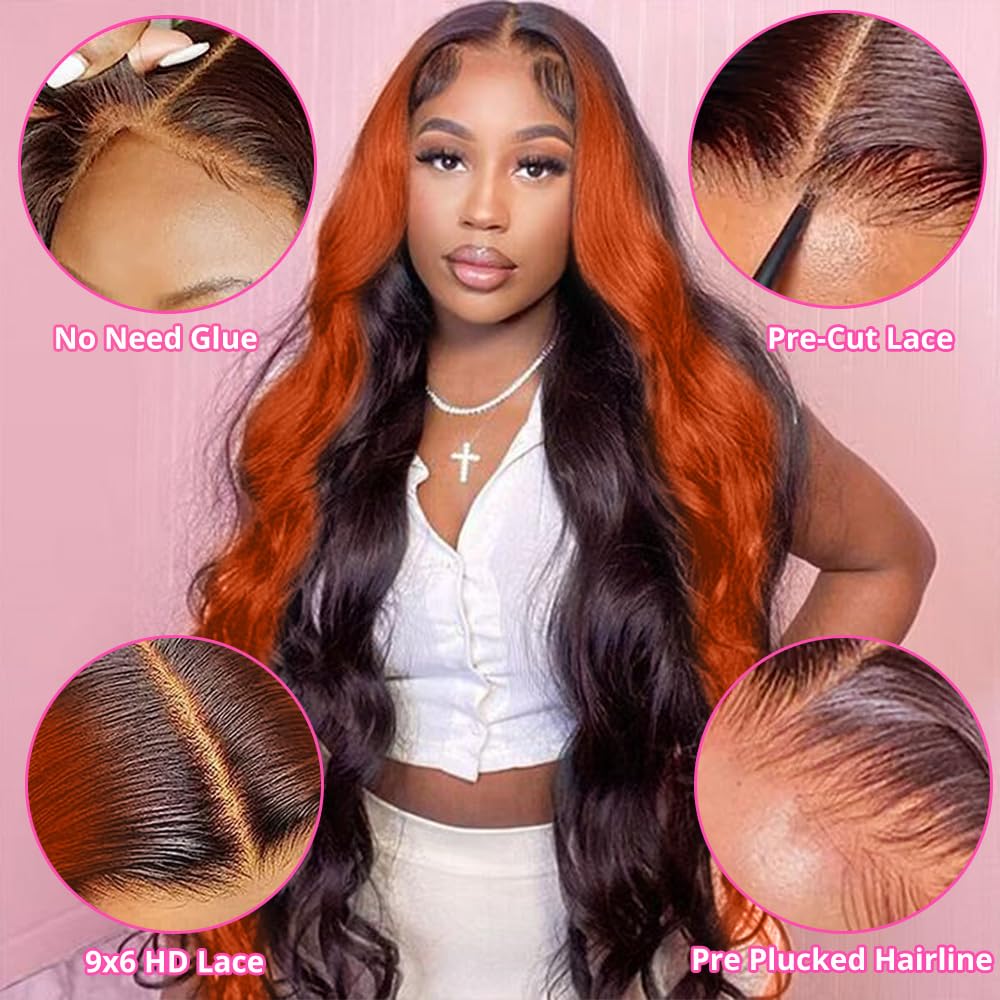 200% Density Wear And Go 9x6 Glueless Wigs Human Hair Pre Plucked Pre Cut For Beginners Ginger Body Wave Lace Front Wigs Human Hair For Black Women HD Lace Closure Colored Glueless Wig(22 INCH)