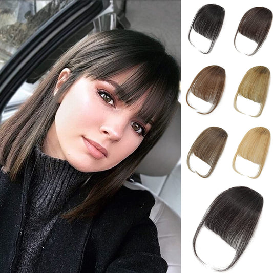 GHDXIWEYU 100% Human Hair Clip in Bangs,Women Air Thinning Curtain Flat Brown Black Bangs, Natural Curved Wispy Bangs,Faux fake Bangs