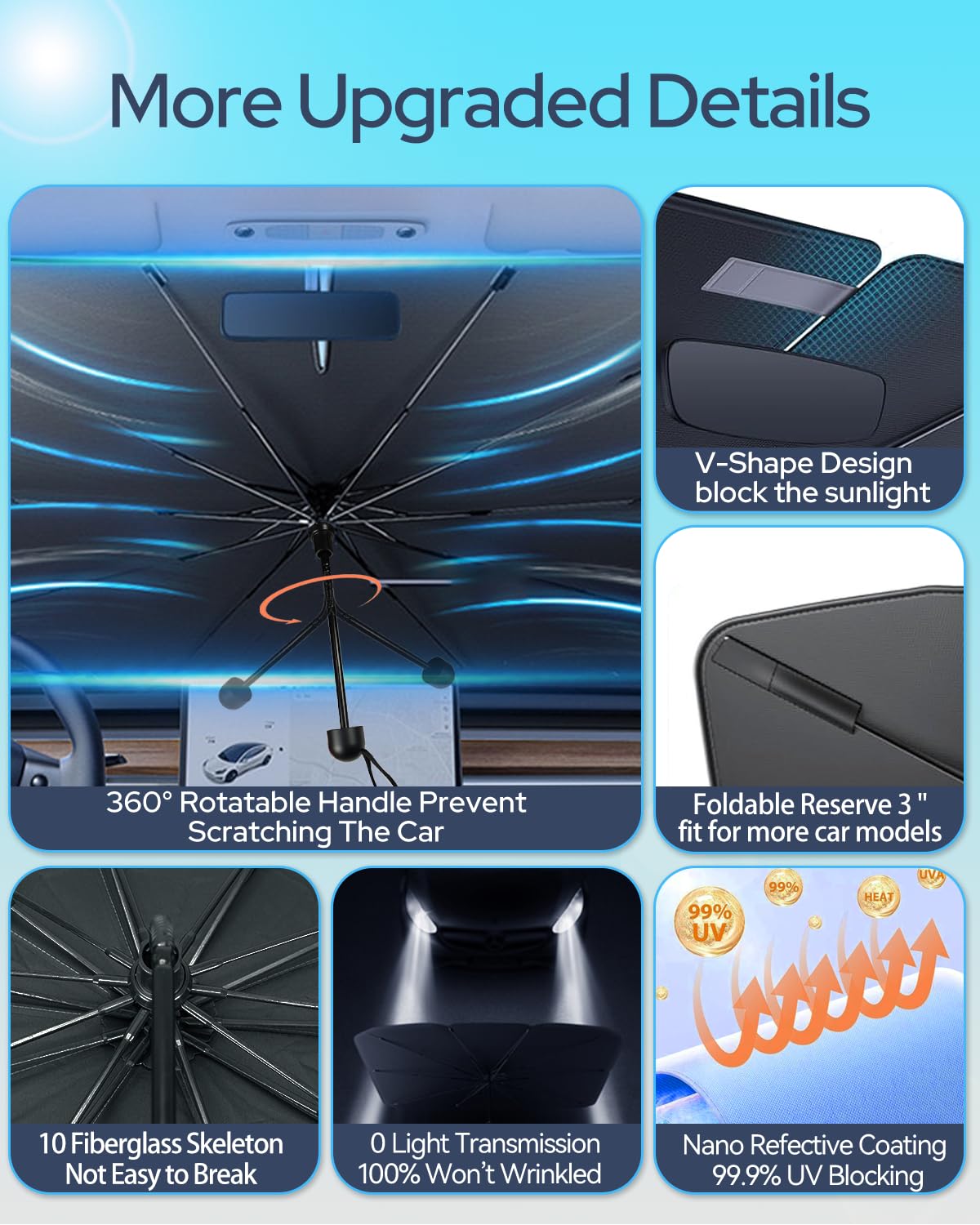 [2025 Upgrade] Retractable Windshield Sun Shade for Car, Umbrella Sunshade for Car Windshield Protect Vehicle from Sun Rays & Heat Damage Medium (57" x 33")