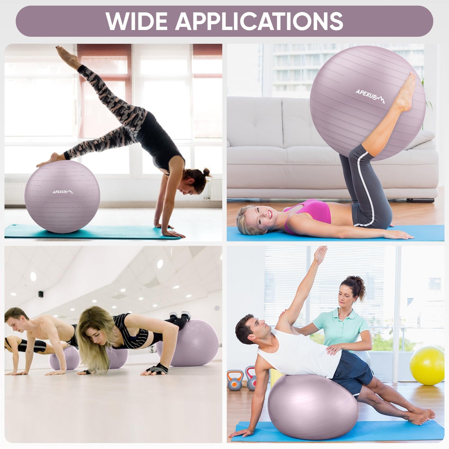 APEXUP Yoga Ball Exercise Ball, Anti Slip Stability Ball Chair, Heavy Duty Large Gym Ball for Fitness, Balance, Core Workout and Physical Therapy (S (15"~18") 45cm, Mauve)