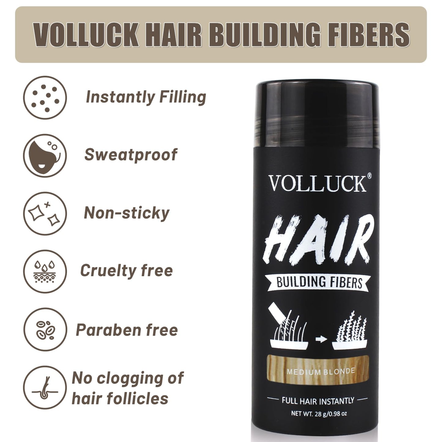 VOLLUCK Hair Fibers for Thinning Hair, Instant Coverage Hair Building Fibers for Women and men, Natural Hair Powder for Conceal Hair Loss 28 g (Medium Blonde)