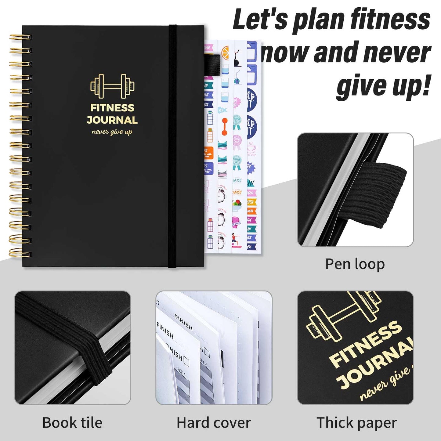 Fitness Journal for Women and Men, 8.8" x 6.6", Workout Log Sprial Book Planner for Tracking Progress and Achieving Your Wellness Goals, Black