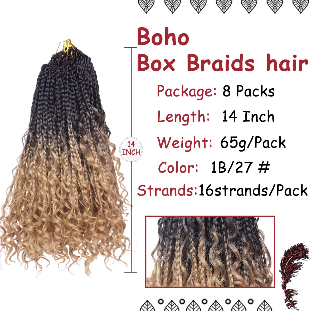 Beverlee 14 Inch 8 Packs Boho Box Braids Goddess Box Braids Crochet Hair Bohemian Hippie Braids Braiding Hair Box Braids with Curly Ends Messy Pre-looped Synthetic Crochet Hair for Black Women 128 Strands 1B/27#