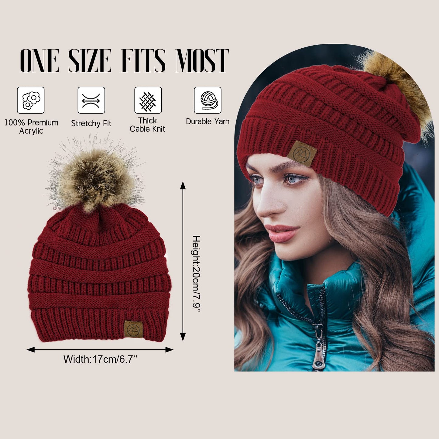 American Trends Beanies Women Winter Hats for Women Satin Lined Slouchy Beanie with Pom Pom Winter Warm Cable Knit Snow Ski Hat Burgundy