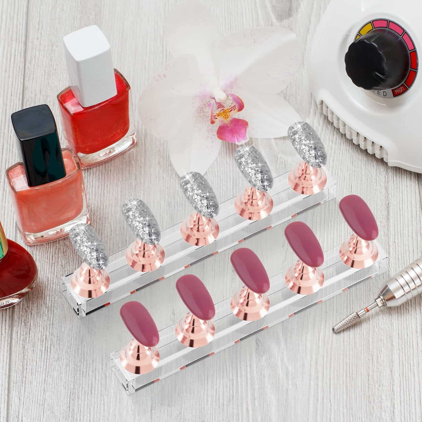 Nail Stand Acrylic Nail Art Display Stand Magnetic Nail Tips Practice Holder 54 Pcs Reusable Adhesive Putty for DIY Painting Nails Stand kit (Rose Gold)