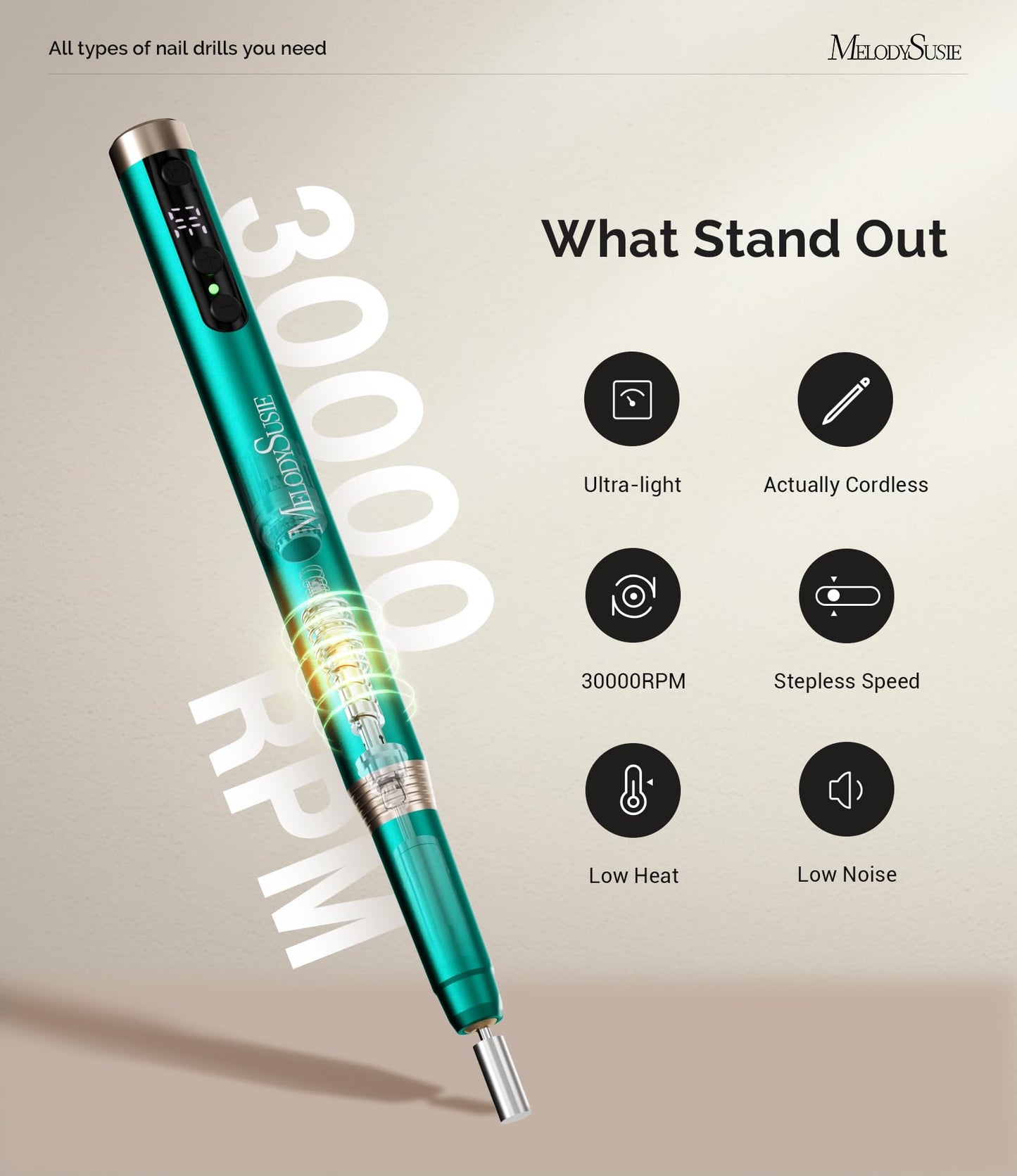 MelodySusie Portable Electric Nail Drill, Cordless 30000RPM Nail EFile with Drill Bits & Ultra Fine Sanding Bands for Manicure Pedicure, Professional Nail File Tool for Women, PM170F Green