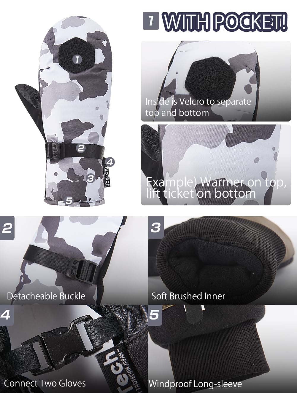 TaoTech Velcro Snowboarding Gloves with Wrist Guard, Men's and Women's ski Gloves with Protector, Mittens, 5 Finger Inner Patch(L, Beige/Corduroy)