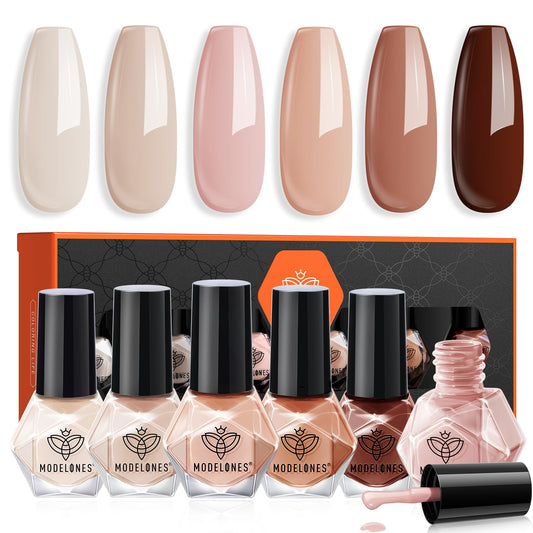 Modelones Nail Polish Set 6 Colors Nude Pink Skin Tones Milky White Brown Mini Nail Polish Quick Dry Nail Polish All Seasons Neutral Brown Manicure DIY Nail Art Salon Home Gift for Women Girl