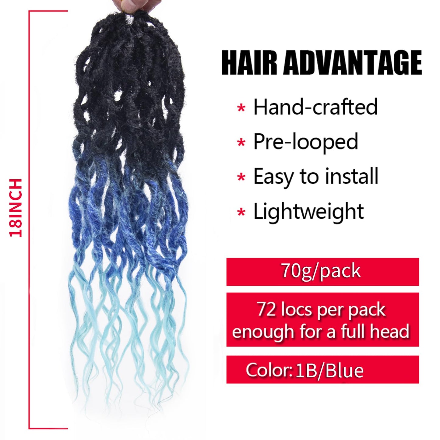 Faux Locs Crochet Hair 18Inch Goddess Locs Crochet Hair, 6Packs Blue Crochet Hair Pre Looped Soft Locs Curly Ends Dreadlock Extensions Faux Crochet Locs Synthetic Crochet Braids (1B/Blue, 18'')