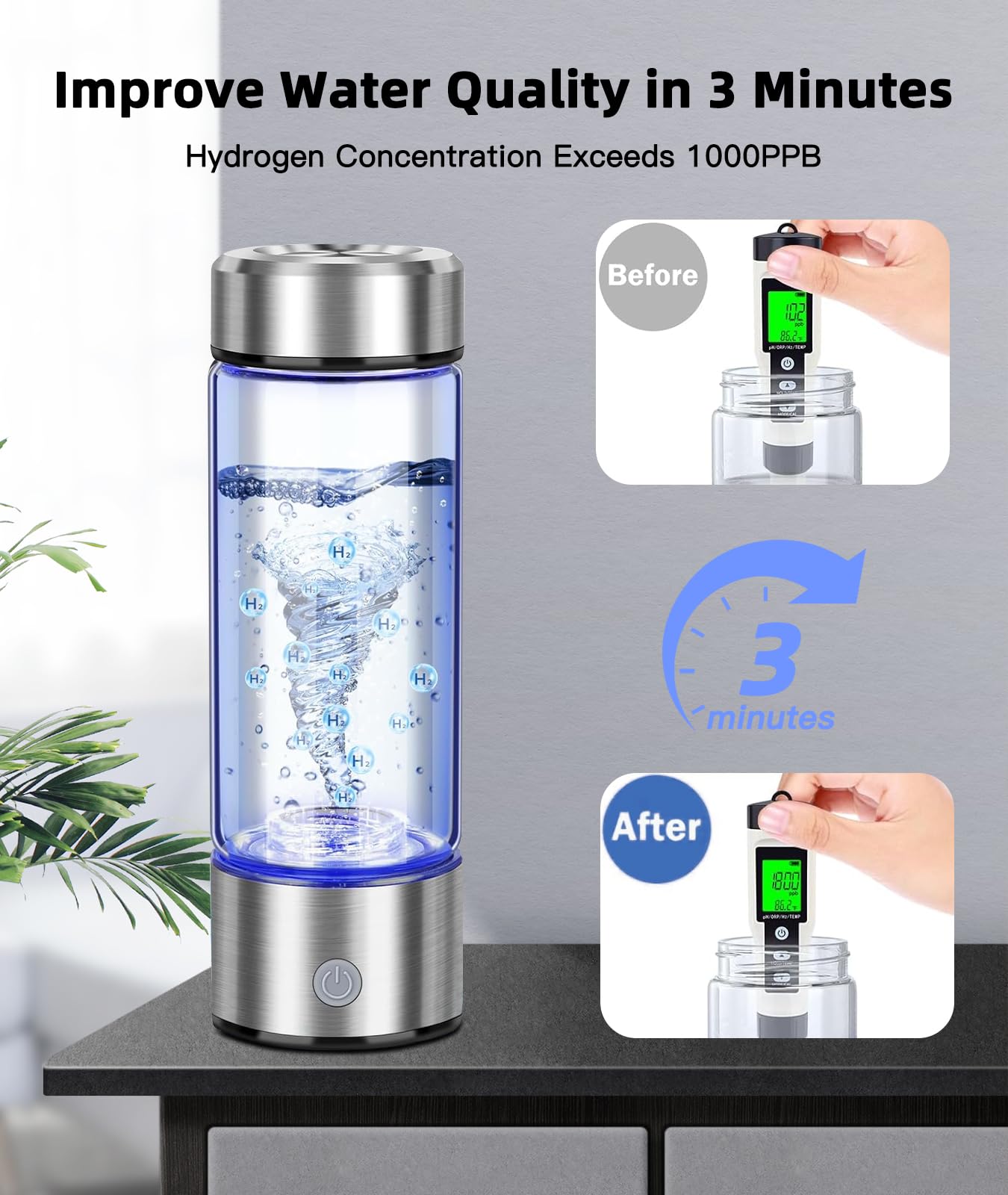 Premium Hydrogen Water Bottle with Advanced Electrolysis Technology, High Borosilicate Glass, Leak-Proof Design, 420ml Capacity, Enhances Skin Health, Sleep Quality, Metabolism, and Vitality