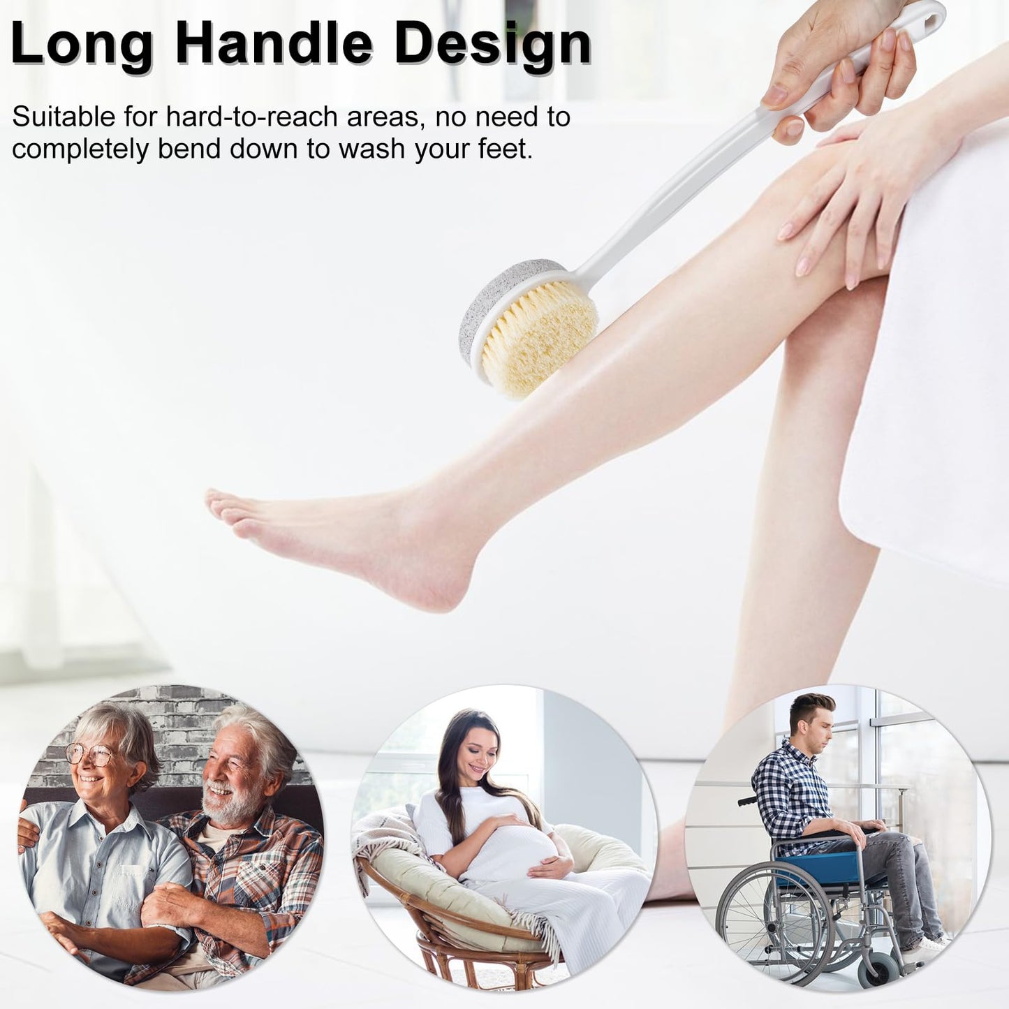 Beomeen Pumice Stone and Shower Brush with Long Handle, 2 Pack Hard Skin Callus Remover, 2 in 1 Foot Scrubber, Back Scrubber for Shower Deep Cleansing and Exfoliating, Dry Brushing Body Brush (Curved)