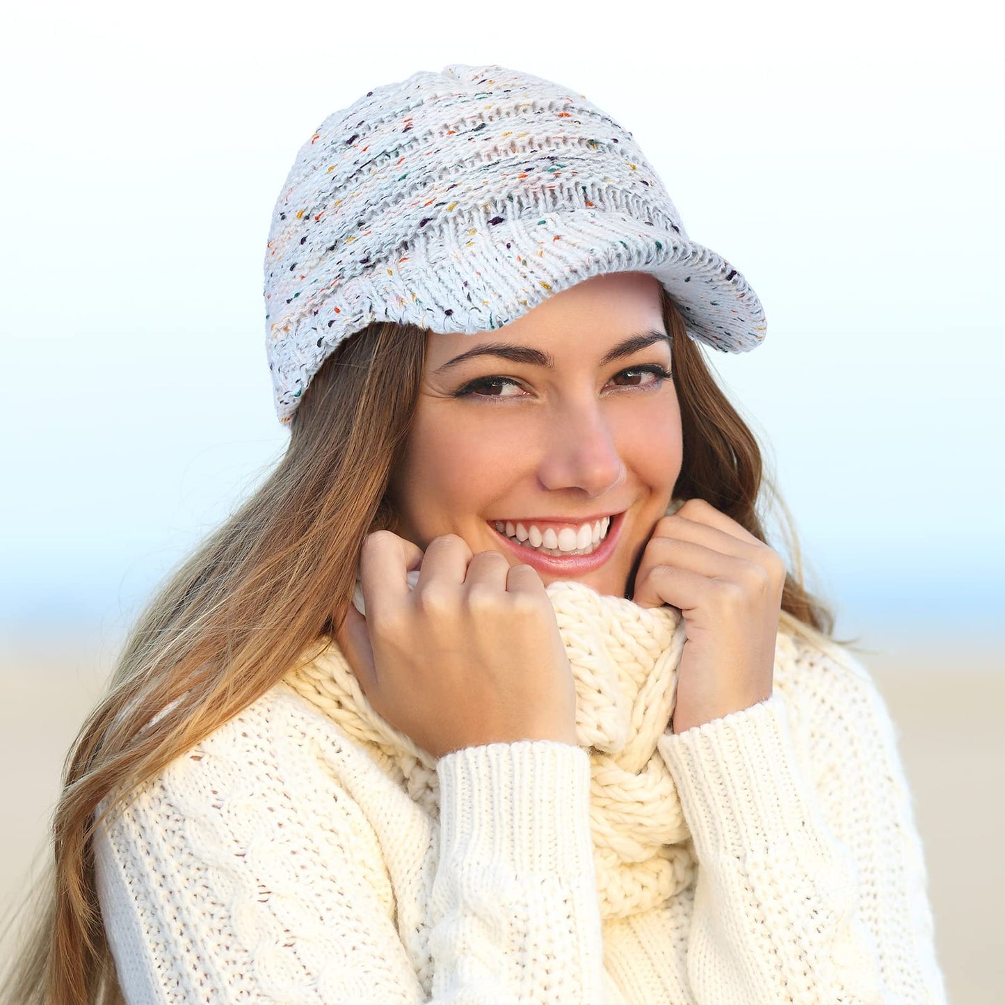 Neer 2 Pcs Women Winter Beanie with Visor Knit Hat with Brim Warm Soft Chunky Newsboy Hats Grey Black Snow Cap