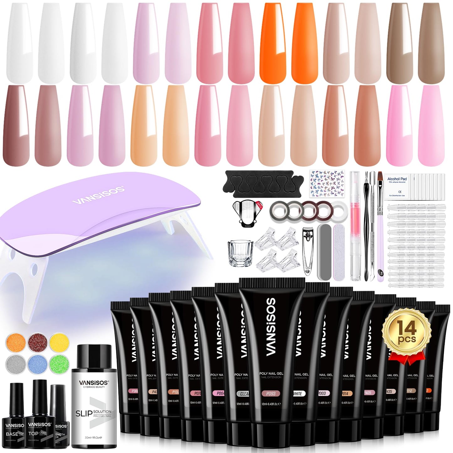 VANSISOS Poly Gel Nail Kit: 14 PCS PolyGel with Slip Solution Mini U V Nail Light Poly Nail Gel Kit for Beginners with Everything Extension