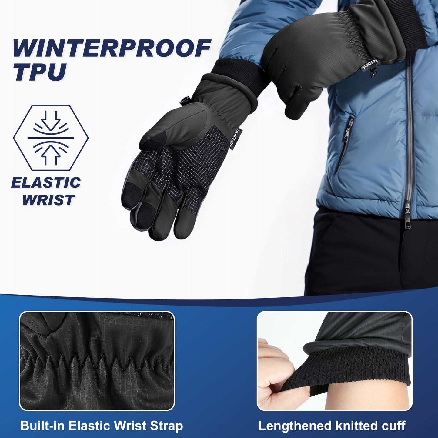 Sukeen -10℉ Winter Warm Gloves for Men Women,Windproof Ski Gloves Anti-slip Cold Weather Glove with Thick Plush for Outdoor