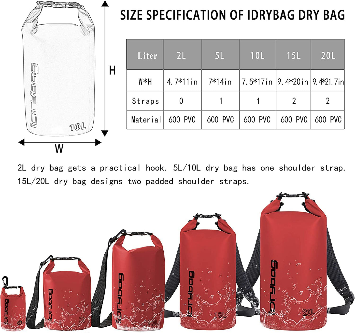 IDRYBAG Dry Bags for Kayaking Waterproof 2L/5L/10L/15L/20L, Small Dry Bag Waterproof Floating, Dry Sack Waterproof Bag for Paddleboarding Travel