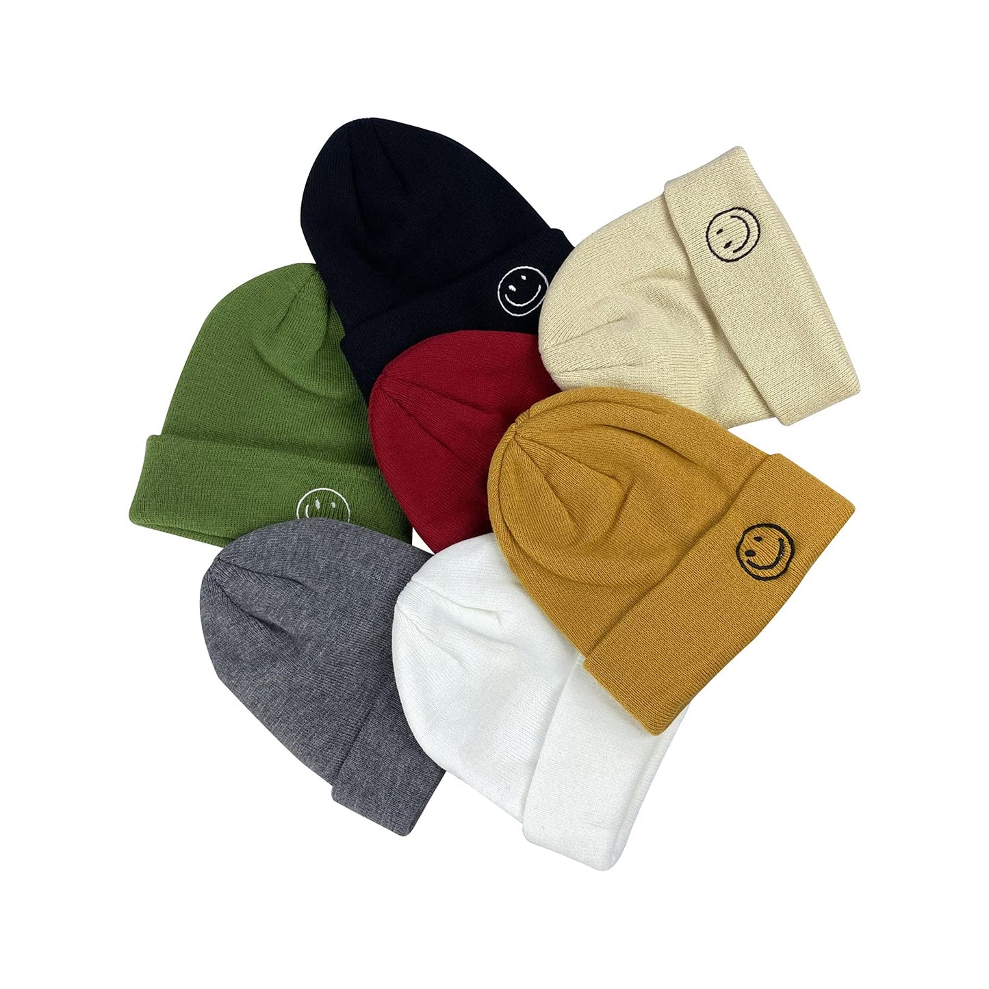 Croogo Winter Warm White Beanie Swag Knit Cuff Knitted Hat Smile Face Embroideried Fisherman Beanie Ski Caps,White-KH27