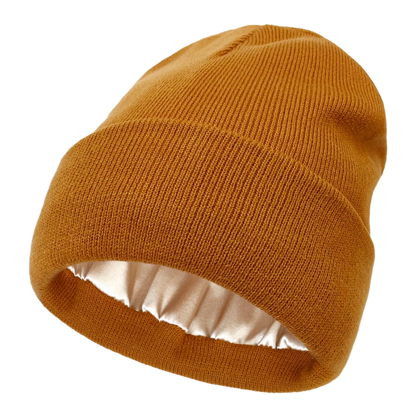 Mukeyo Womens Satin Lined Knit Beanie Hat Winter Warm Cuffed Knitted Silk Lining Hat Soft Cable Skull Cap Caramel