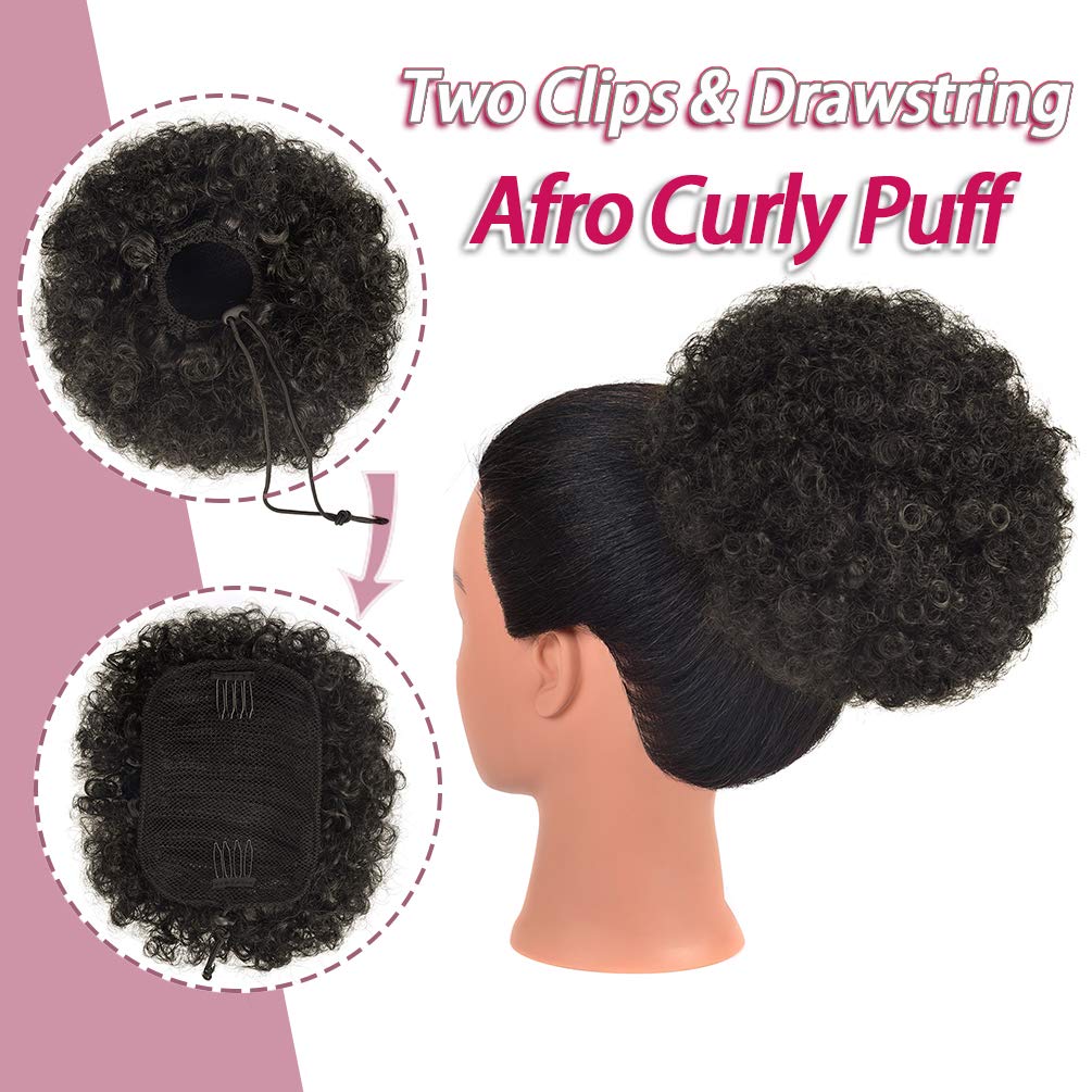rosmile Afro Puff Drawstring Ponytail Extension for Black Women, Premium Dark Brown 2# 80gram Short Synthetic Afro Puff Ponytail for Natural Hair, Clip On Kinky Drawstring Curly Ponytail Bun