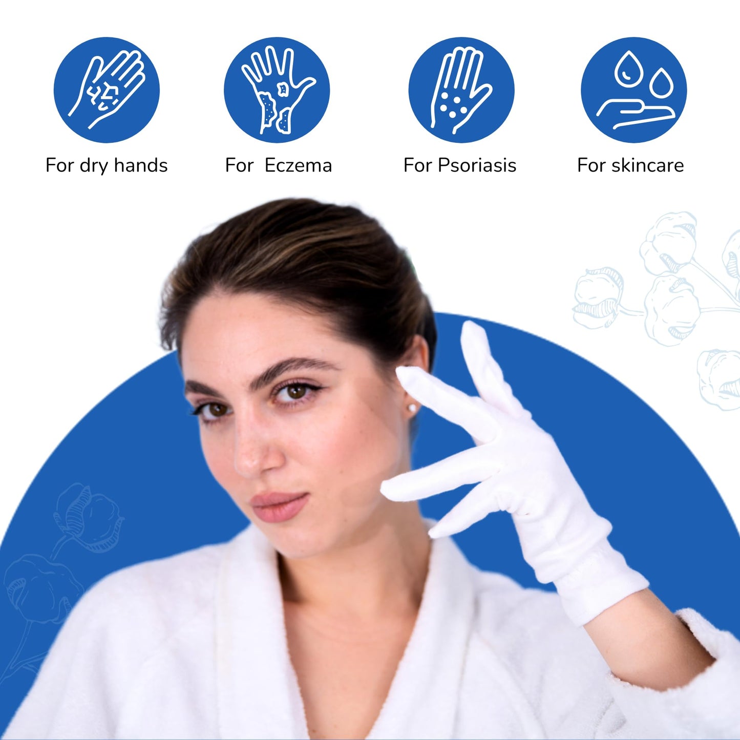 Dermrelief Cotton Gloves - for Beauty, Dry Hands, Eczema, Dermatitis and Psoriasis (7 Pairs) with Free Gifts (Professional Nail Buffer & Washing Bag) (Large)