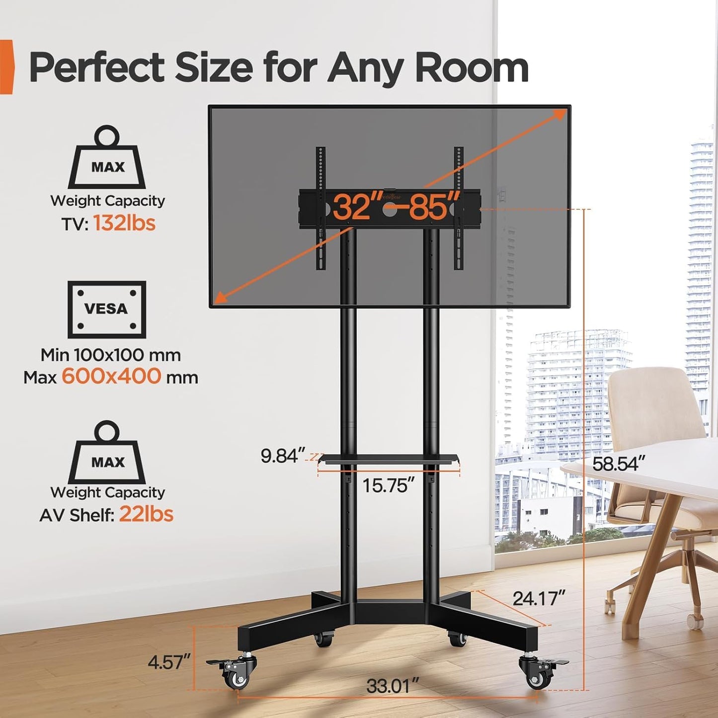 Perlegear Rolling TV Stand, Mobile TV Stand on Wheels for 32-85 Inch Screens up to 132 lbs, Height Adjustable Mobile TV Cart with Metal Shelf, Rolling TV Cart with Lockable Wheels Max VESA 600x400mm