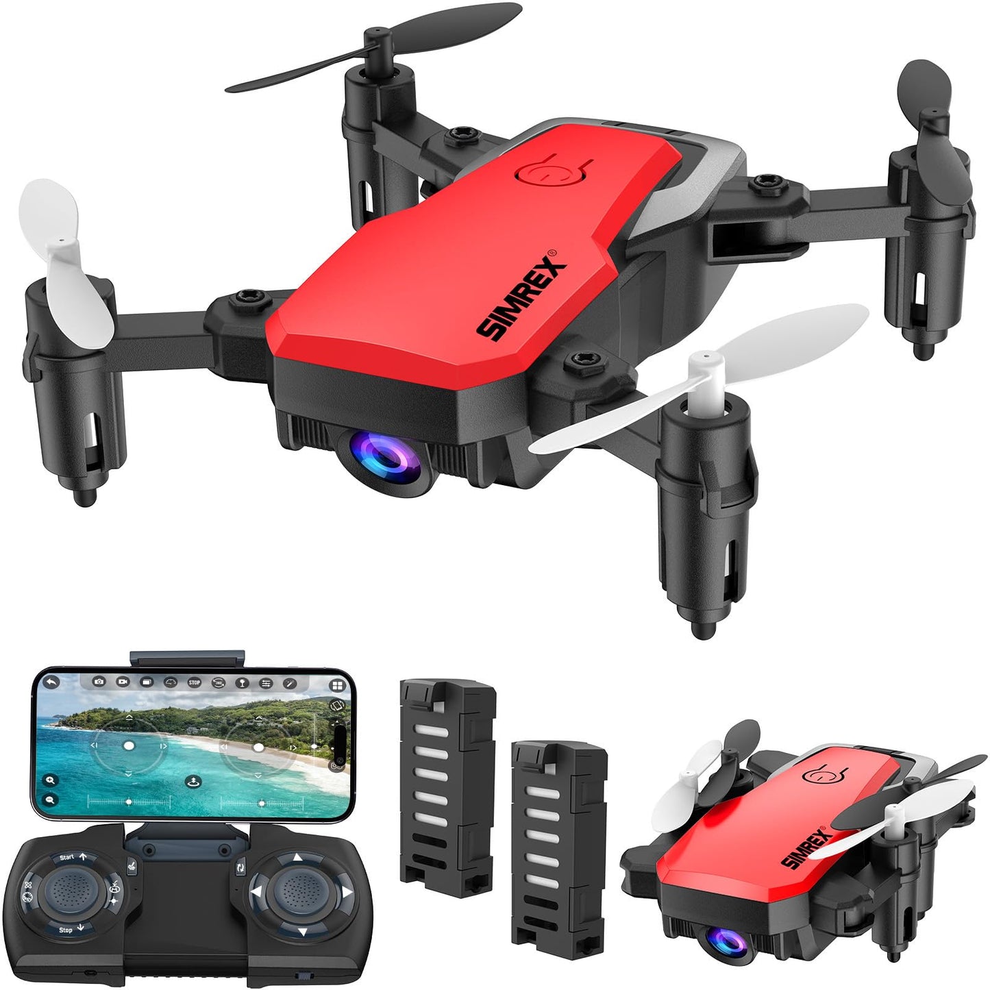 SIMREX X300C Mini Drone with Camera 720P HD FPV, RC Quadcopter Foldable, Altitude Hold, 3D Flip, Headless Mode, Gravity Control and 2 Batteries, Gifts for Kids, Adults, Beginner, Red