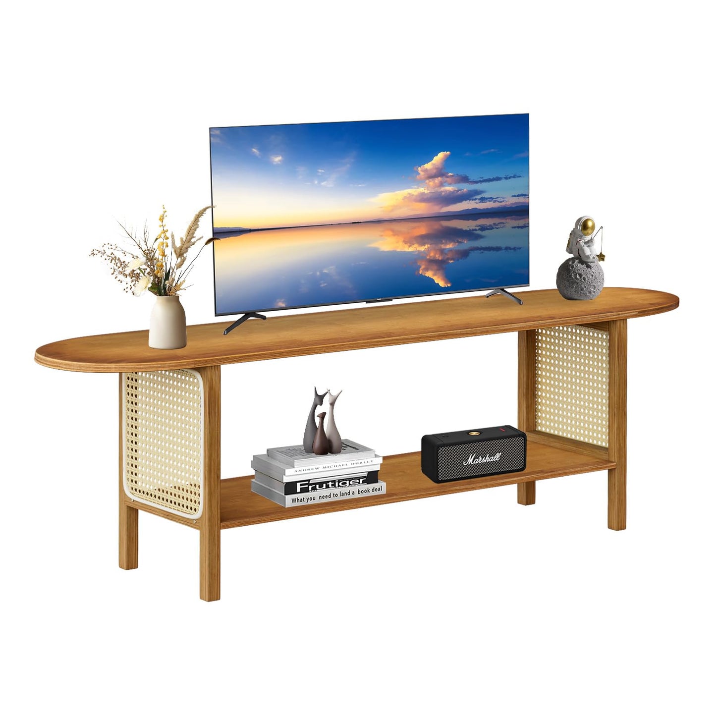 Mordchil HF Bamboo TV Stand for TVs up to 65", Accent Entertainment Center with Storage, Media Console Table with Rattan, Modern TV Stand for Living Room, Bedroom, 55"(L), Walnut