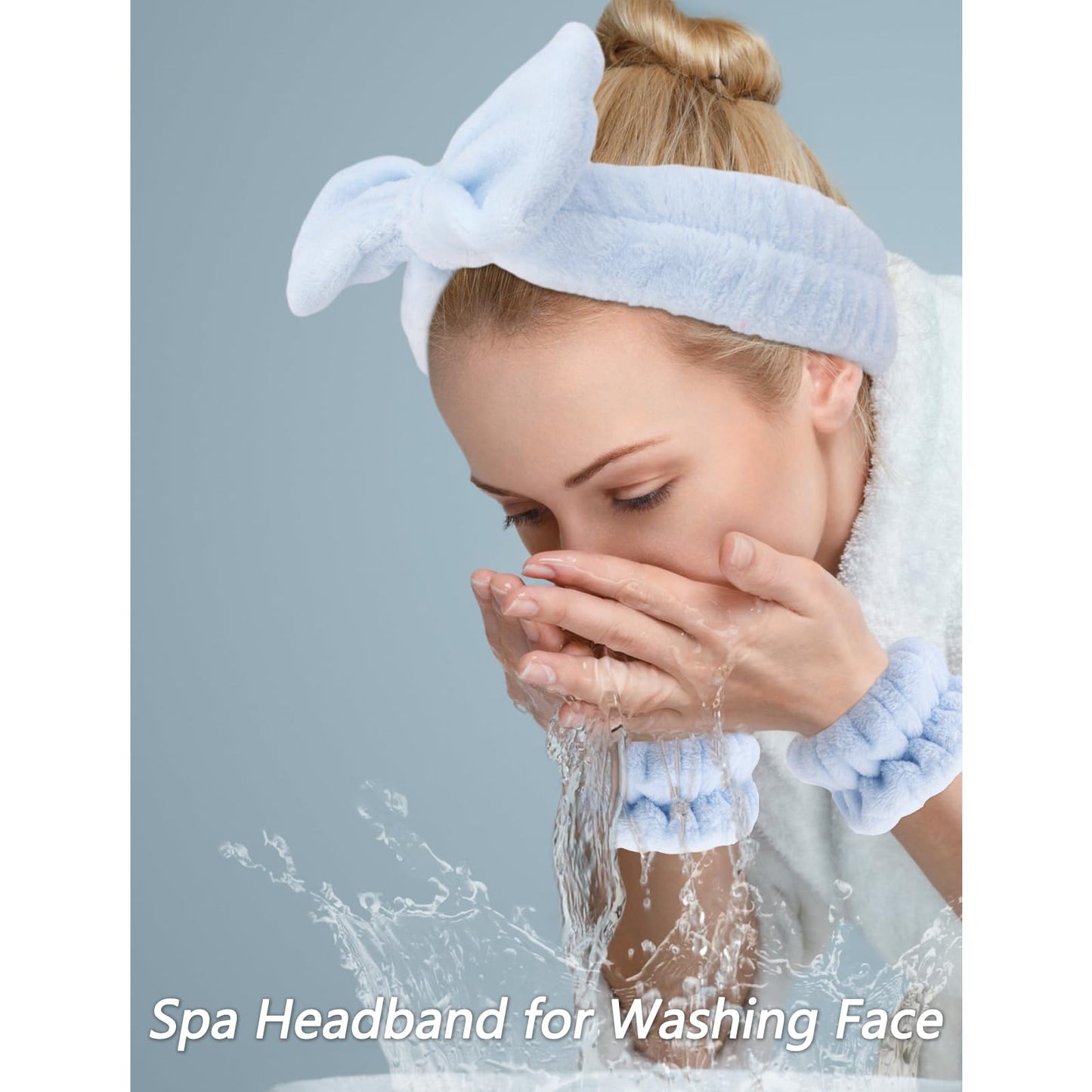 VELSCRUN 6 Pack Spa Headbands - Makeup, Face Wash, Skincare Hair Accessories With Blue Sponge Bow Tie Wristbands, Women's Gift Set