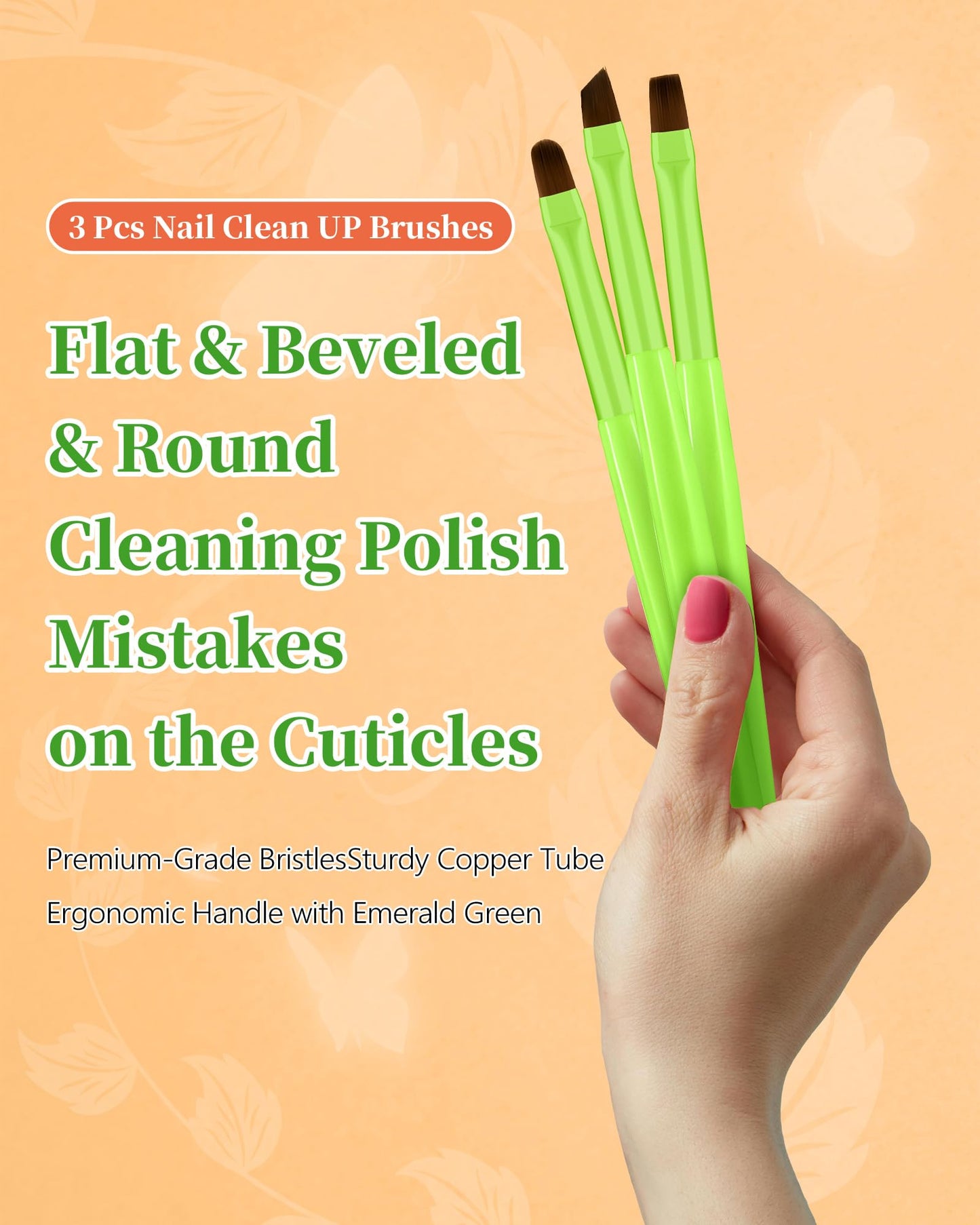 3PCS Nail Polish Clean Up Brush, Round&Falt&Angled Acetone Resistant Nail Brush for OPI Nail Polish Remover, Fingernail Cleaning Brushes at Home Nail Art and Designs(Bright Green)