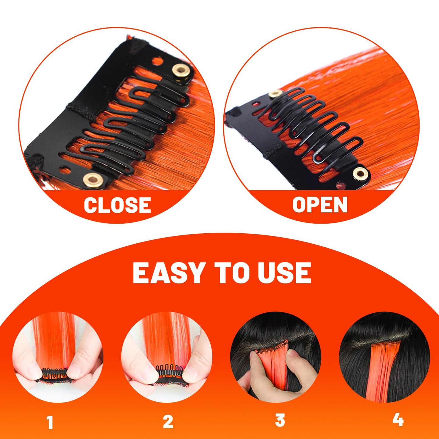 TOFAFA 22 inch Colored Hair Extensions, Multi-colors Party Highlights Clip in Synthetic Hairpiece for Halloween Girl Women Kids Party Gift(10 PCS Orange)