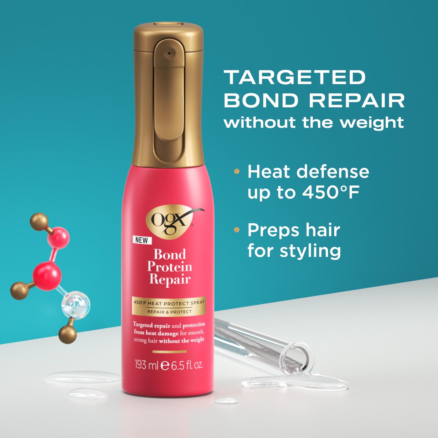 OGX Repair & Protect Bond Protein Repair 450°F Heat Protect Spray, Thermal Protection Spray for Targeted Damage Repair & Protection from Heat Damage, 6.5 fl. oz