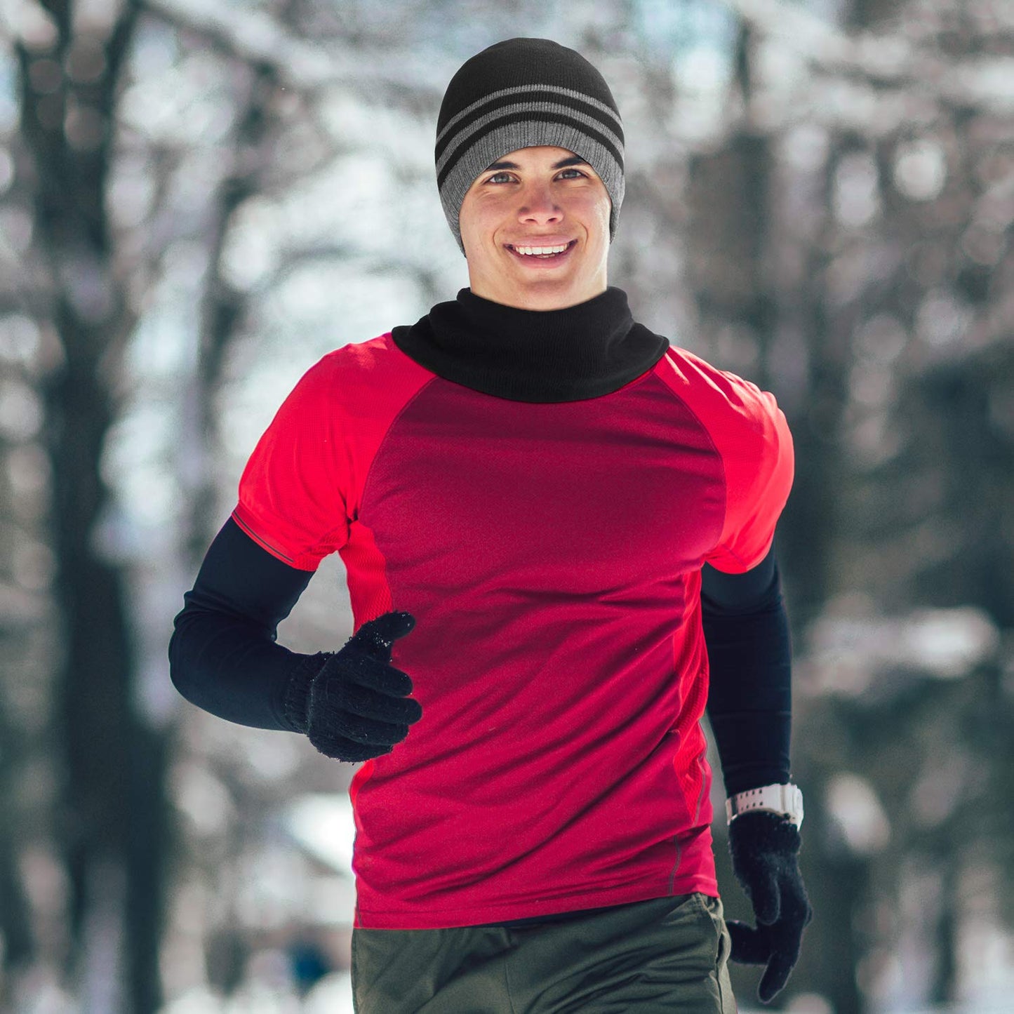 Men's Winter Beanie Hat, Warm Knit Scarf and Touch Screen Gloves Set, 3 Pieces (Black)