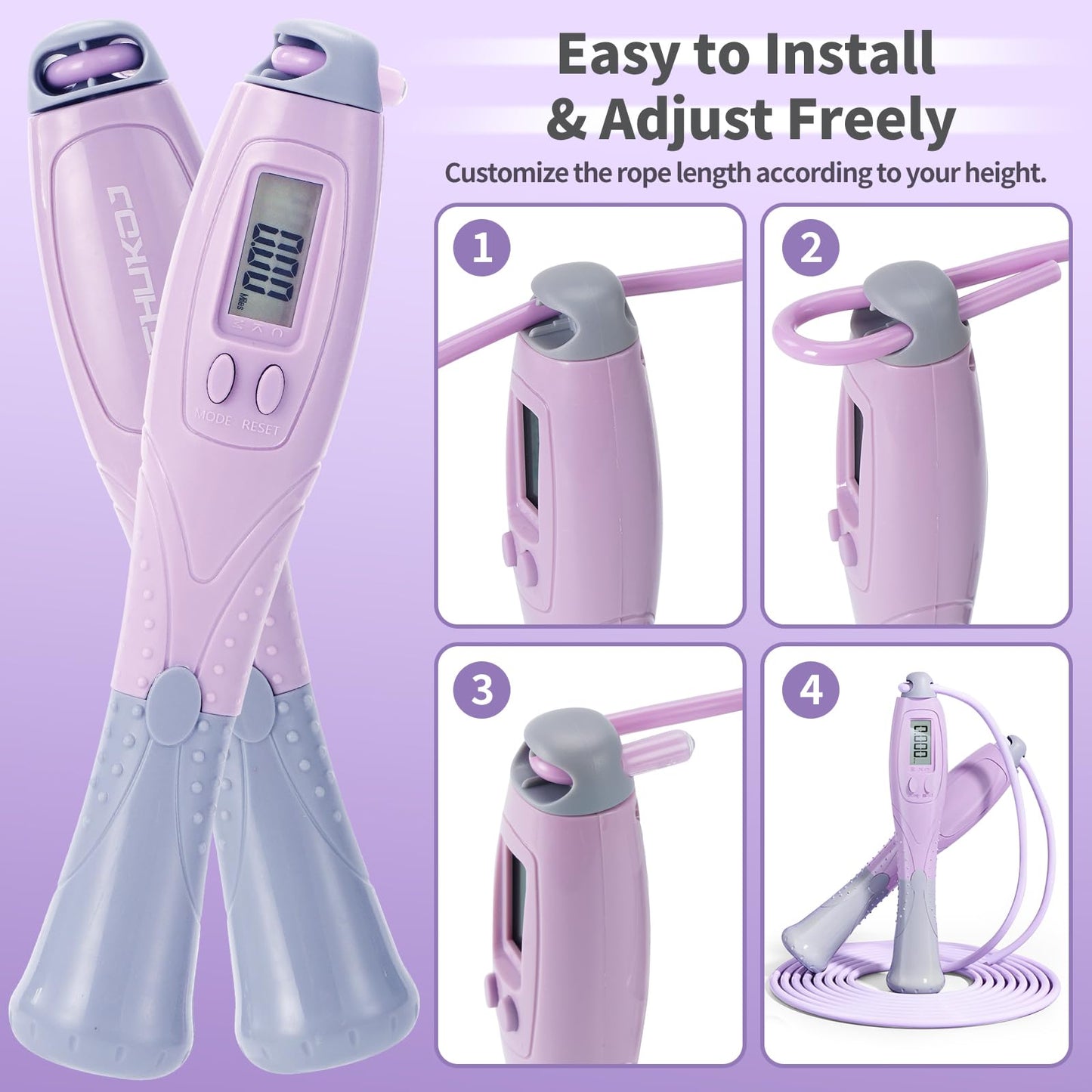 Jump Rope with Counter Cordless Jump Rope Ropeless Skipping Rope for Fitness Training Speed Rope with Digital Handle for Exercises Men, Women and Kids Wireless Skipping Rope Indoor Outdoor (Purple)