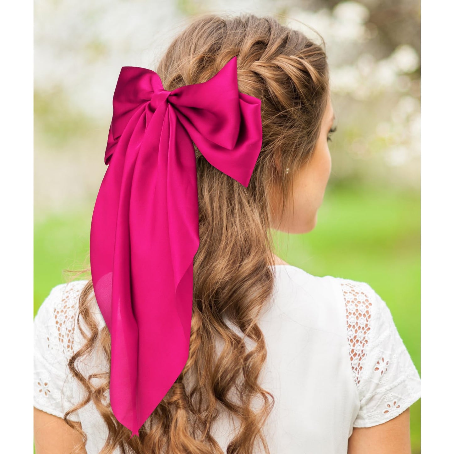 Velscrun Hair Bows for Women and Girls - 3Pcs Oversized Satin Bows in White, Black, and Rose Pink - Large Hair Clips with Long Ribbons, Barrettes, Hair Accessories Gift Set