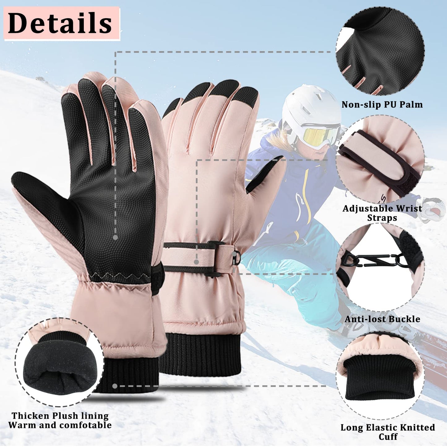 Andiker Women Winter Ski Gloves, Waterproof Touchscreen Anti-Slip Snowboard Gloves for Skiing Running and Cycling (Pink Black)