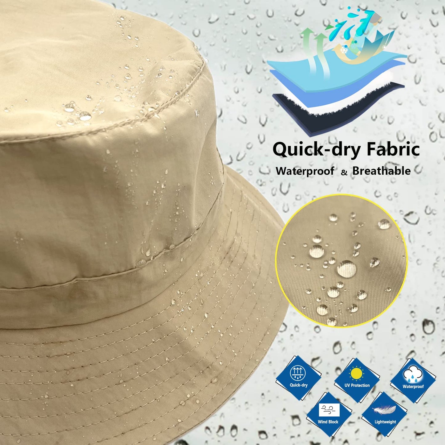 woogwin Waterproof Bucket Rain Hat with Chin Strap Quick Dry Packable Boonie Sun Hat Safari Hat UV Protection(Khaki)