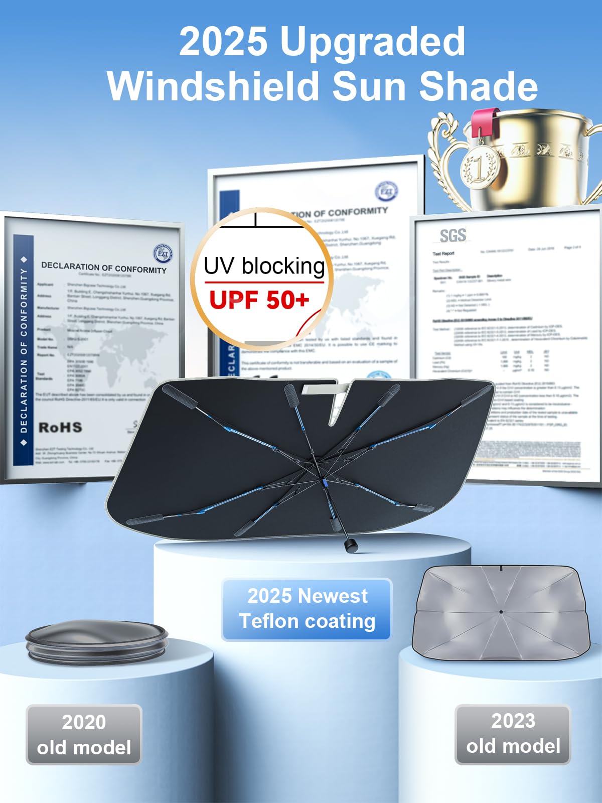 [2025 Upgraded] Nmoiss Windshield Sun Shade Umbrella [Ice Rib High Speed Cooling] 99% UV Blocking Protects Car from Sun and Heat Damage, Keeps Cool and Protects Interior Medium (56" L x 31" W)