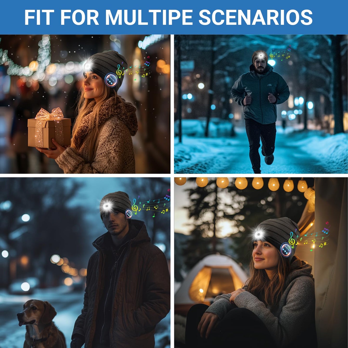 Rotibox Bluetooth Beanie with Light, Hat Wireless Headphone for Outdoor Sports Xmas Gifts Stocking Stuffers for Men, Women, Teens-Black/Gray