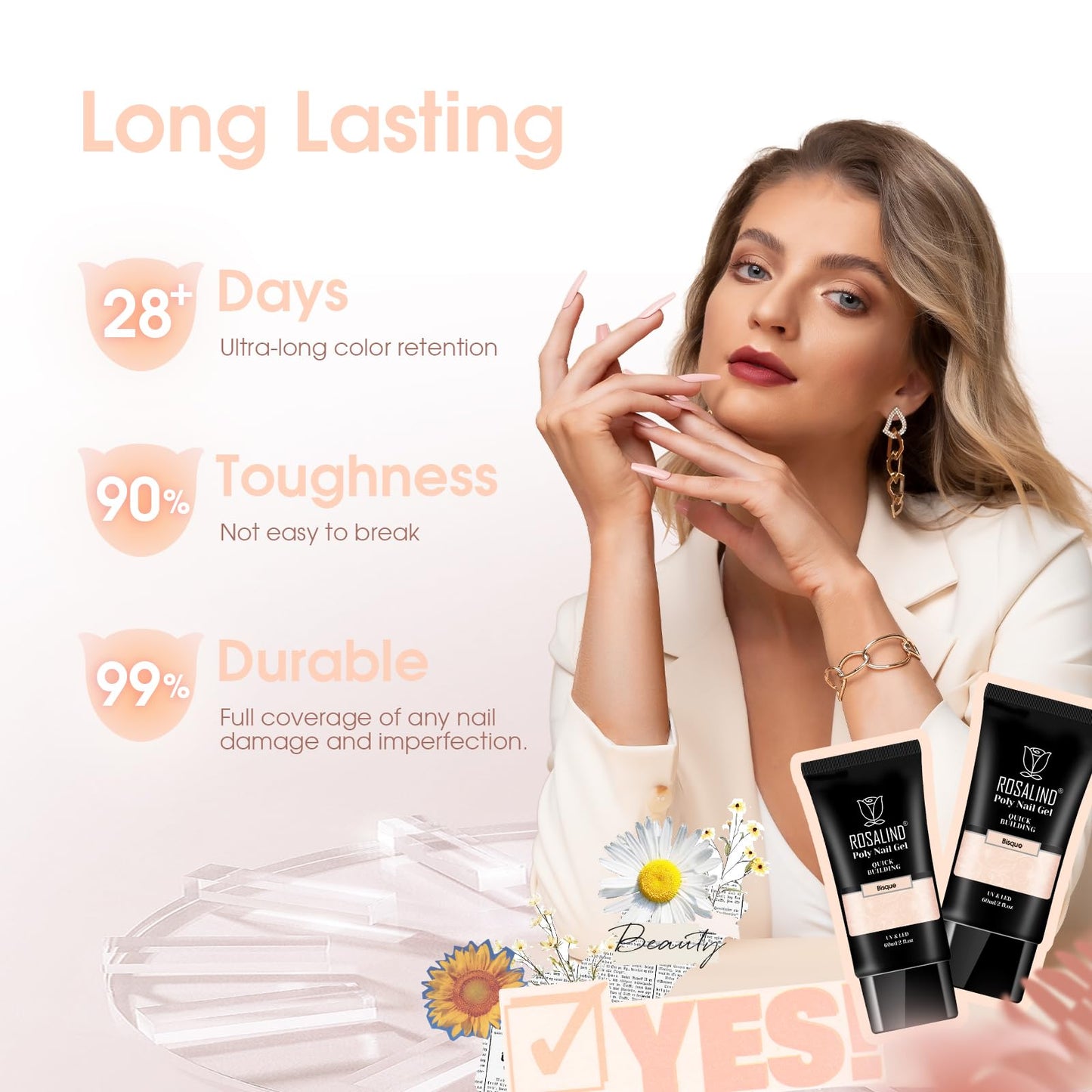 ROSALIND Nude Poly Extension Gel, 60ml Light Nude Poly Nial Gel Builder for Nail Art Decoration, Nude Nail Thickening Extension Easy to DIY Use at Home Need UV Lamp