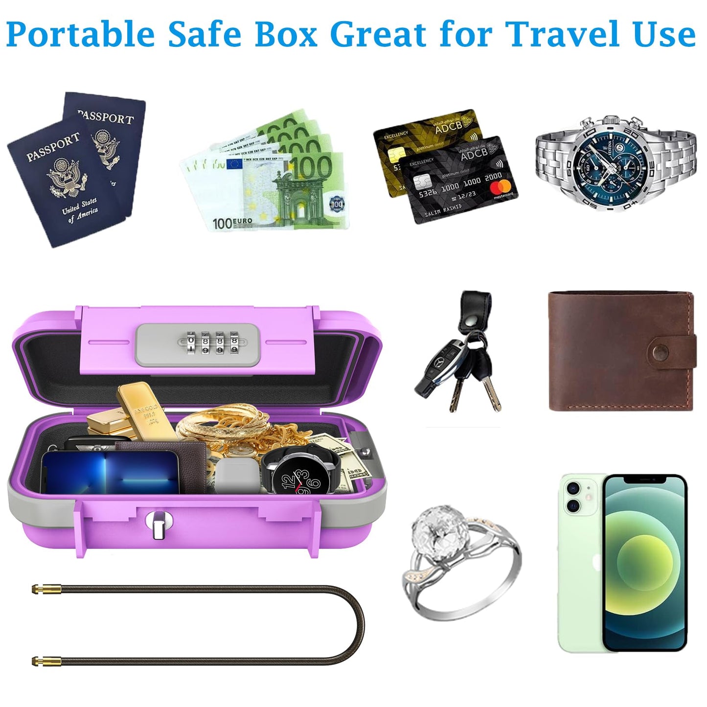 AMIR Portable Safe Box, Combination Security Case LockBox with Code, Waterproof Anti-Theft Personal Mini Travel Safe with Removable Chain, Portable Lock Box for Home, Office, Car, Dorm, Beach
