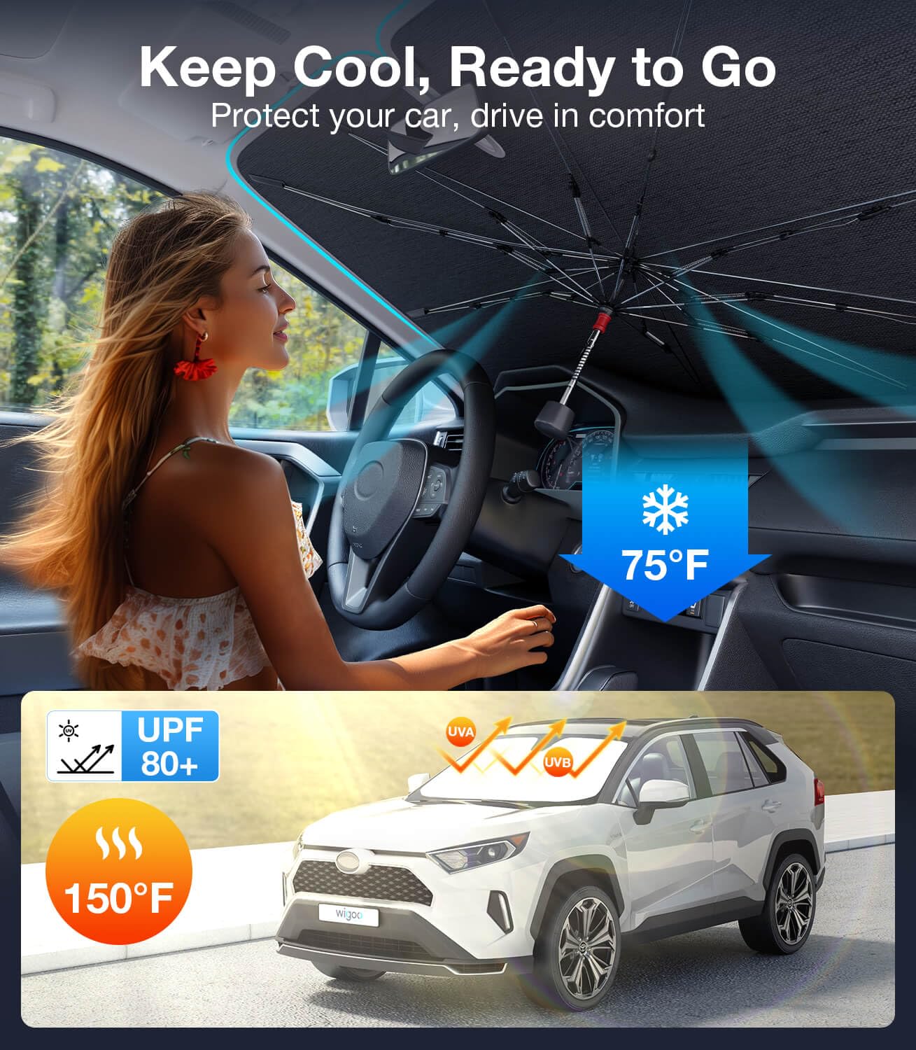 Wigoo 2025 Ice-Shield Sun Shade for Car Windshield [100% Sun Block, 4-Gen Cooling Tech] Heat Insulation Protection, Portable Front Window Sunshade for SUVs/Pickups/Sedans, Universal Size 57"x32"