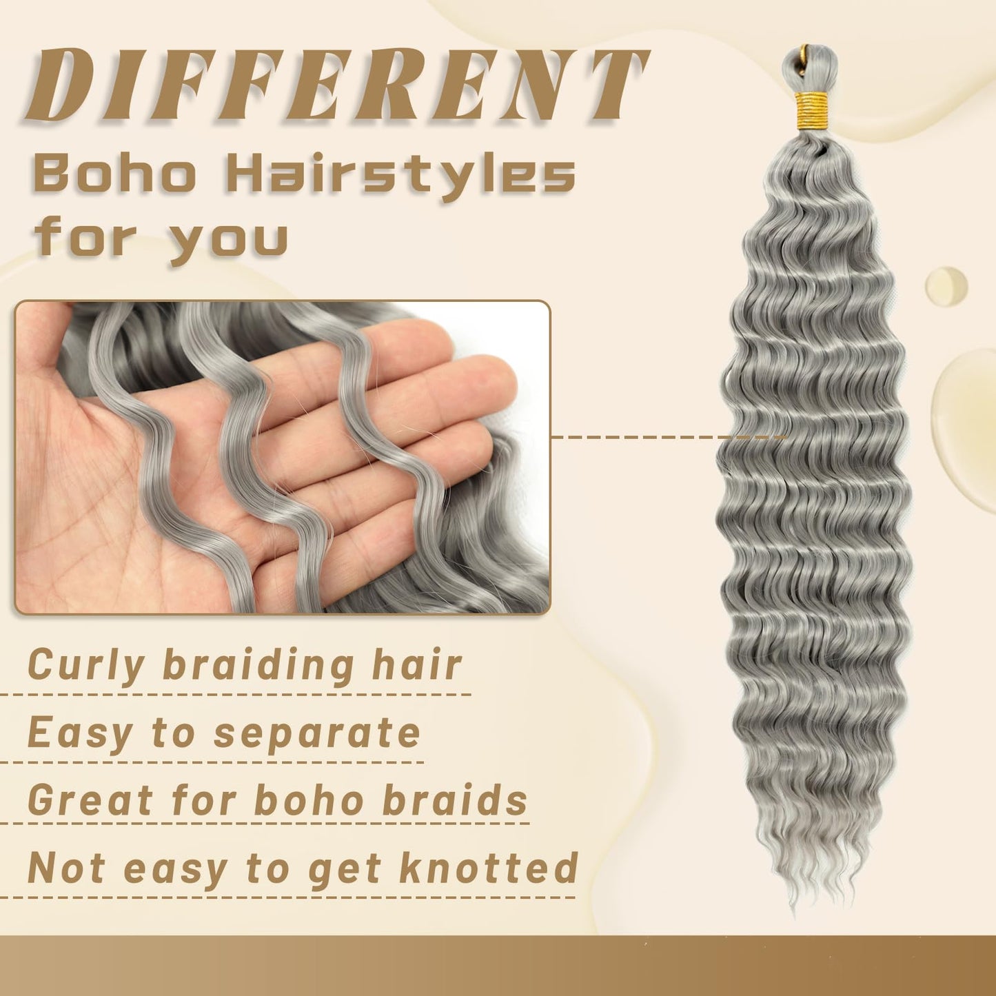 Eerya Long Curly Braiding Hair 18 Inch 2 Packs Grey Ocean Wave Crochet Hair for Black Women Deep Wave Braiding Hair for Boho Braids (18 inch, Grey)