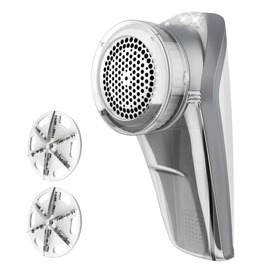 MR.SIGA Fabric Shaver and Lint Remover, Battery Operated Portable Lint Shaver with LED Lights, 2 Replaceable 6-Leaf Blades, Cream/Gray