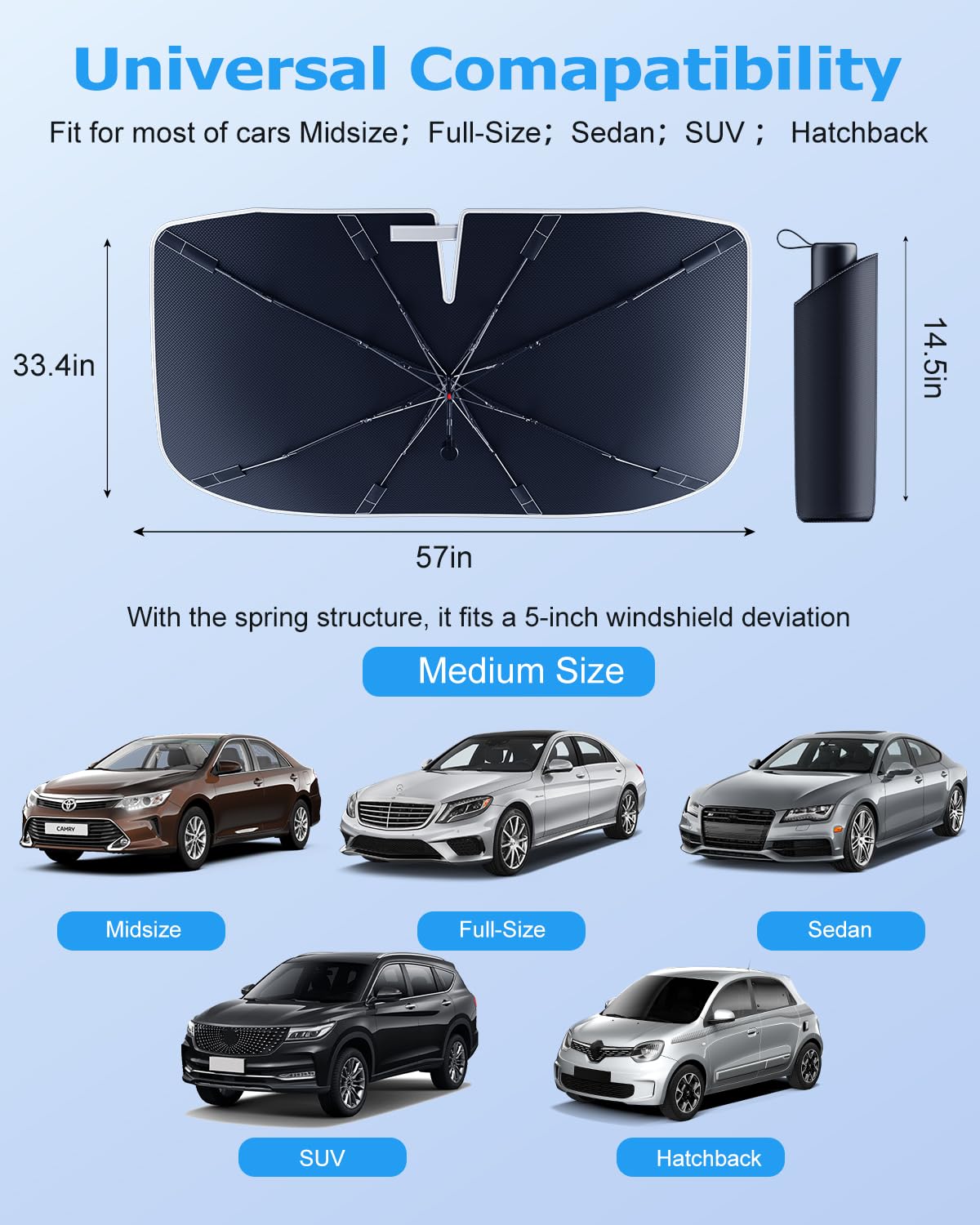 [2025 Upgrade] Doogoocoo Windshield Sun Shade [Ice-Crystal Cooling & 100% UV Block]-UPF50+ Heat Shield | Keep Car Cooler & Protect Interior, Foldable Car Sunshade with Reflective Coating (57"x32")