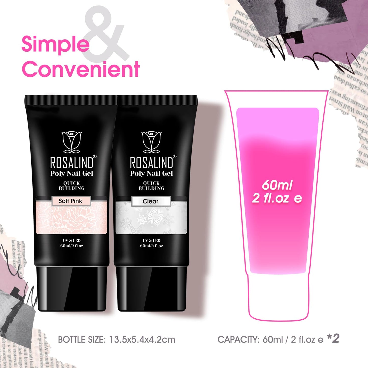 ROSALIND Clear Pink Acrylic Poly Extension Gel, 2 PCS 60ml Clear Poly Nail Gel kit Nail Builder for Clear Nail Art Decoration, Nail Thickening Poly Nail Gel Tube Easy to DIY Use Need UV Lamp
