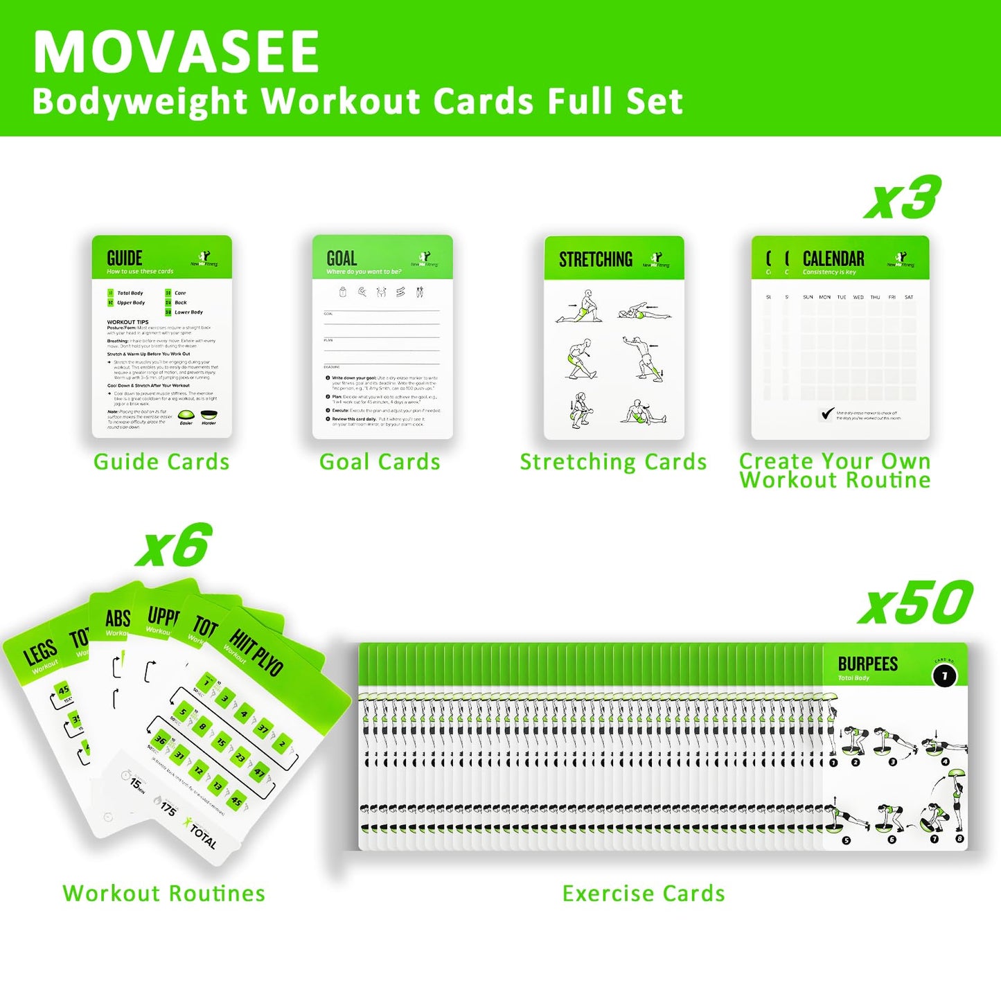 MOVASEE Half Balance Ball Workout Cards, 62 Exercises Cards Deck Large Size 5" x 3.5" Fitness Cards for Women & Men, Beginner Fitness Guide to Training Exercises at Home or Gym
