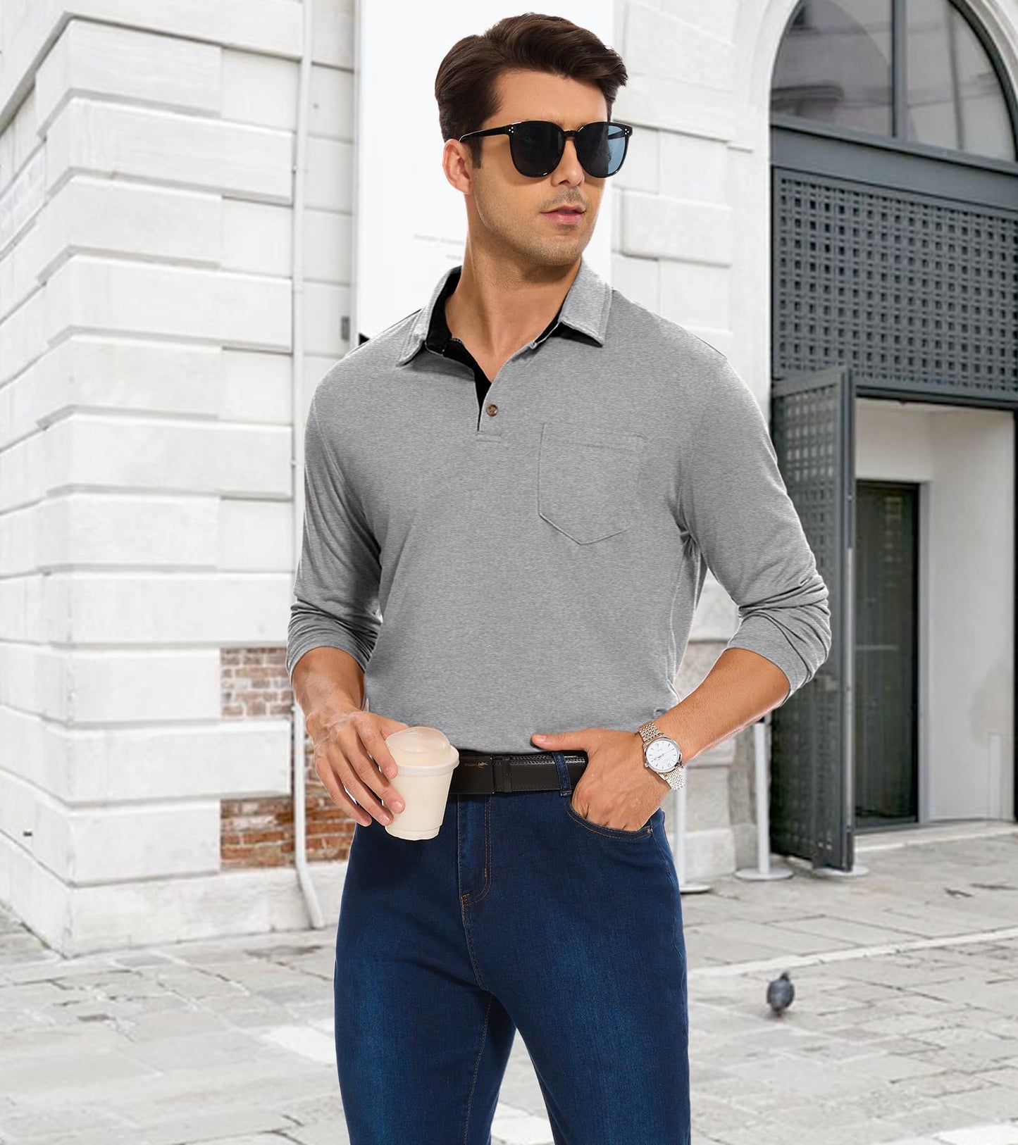 koufland Men Collar Polo Shirts Long Sleeve Button Down Shirt Lightweight Versatile Work Gym Golf Stylish Top Shirt with Pocket for Men(1-Light Gray,Medium)