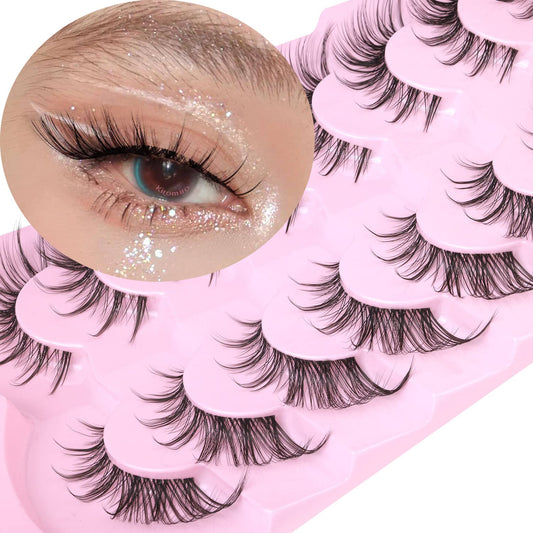 Manga Lashes Fox Eye False Eyelashes Natural Look Faux Mink Lashes Wispy Clear Band Spiky Cat Eye Strip Eyelashes Pack, 7 Pairs