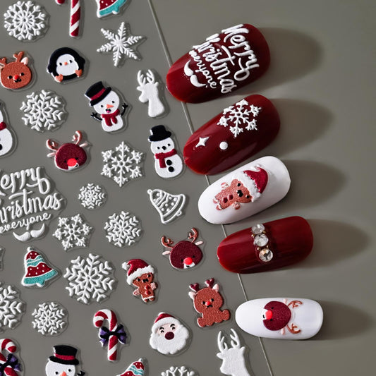Christmas Nail Art Stickers Decals 5D Embossed Snowman Nail Stickers Self-Adhesive Snowflake Santa Claus Xmas Tree Bell Elk Nail Decals for Women Girls Winter Holiday Manicure DIY Nail Supplies
