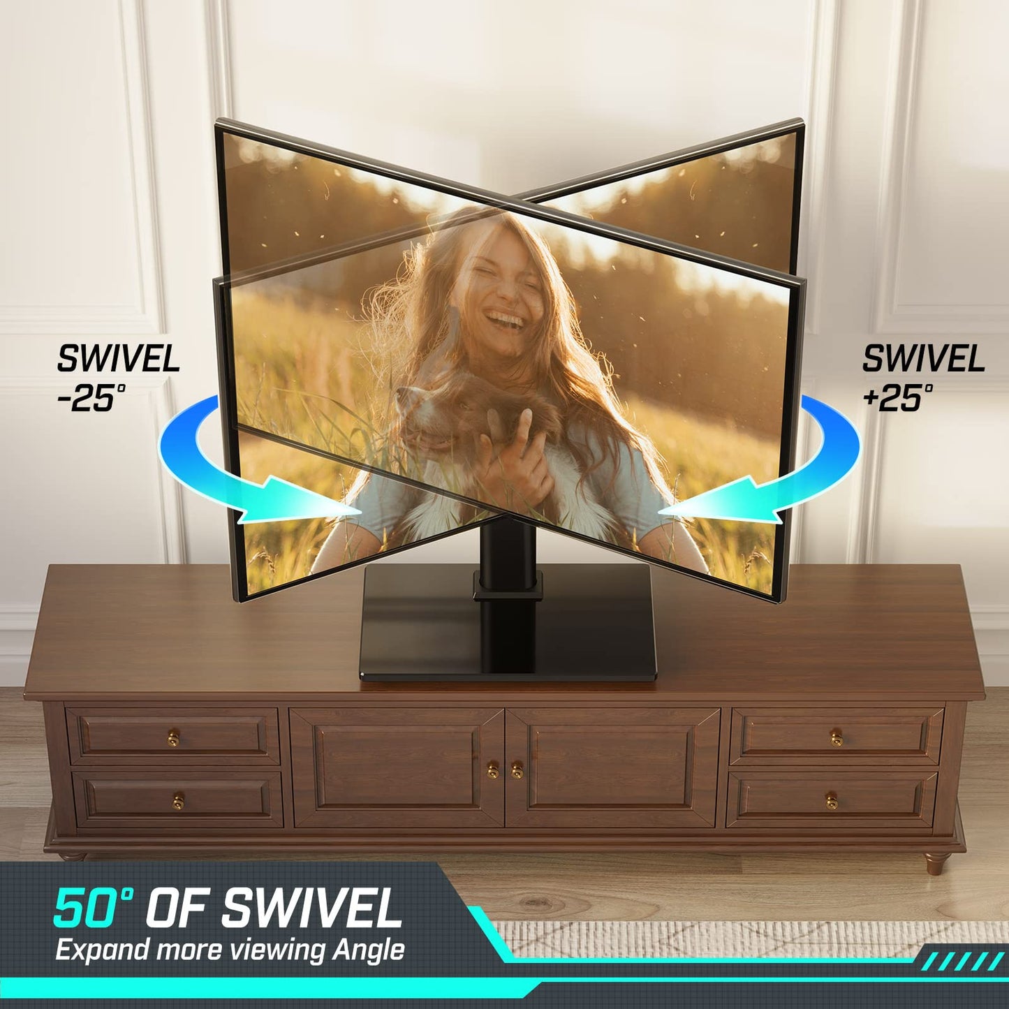 Greenstell TV Stand with Power Outlet, Universal TV Mount Stand for 27-65 inch TVs, Height Adjustable, Swivel Table Top TV Stand with Tempered Glass Base, Holds up to 88 LBs, Max VESA 400x400mm